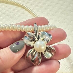 Ann King sterling silver orchid flower pendant with pearl necklace